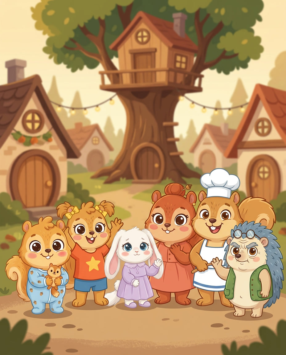 Teo, Lumi, Mila, Mama Nina, Papa Leo and Mr. Gruff waving hello in front of Oakwood village